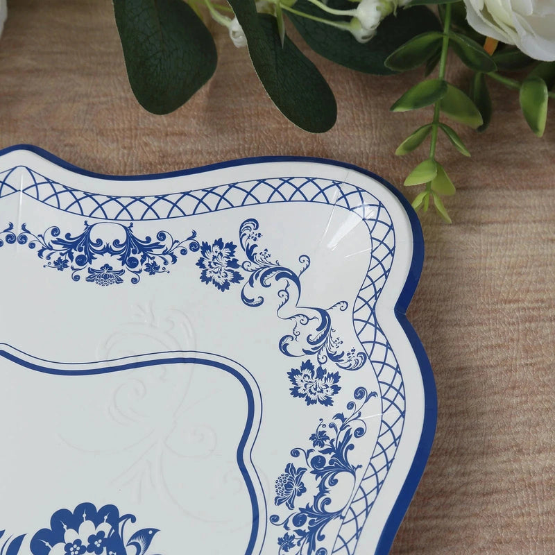 10 Rectangle 14" Paper Serving Trays Damask Floral Pattern - White and Royal Blue DSP_PPTR_REC005_14_BLUE