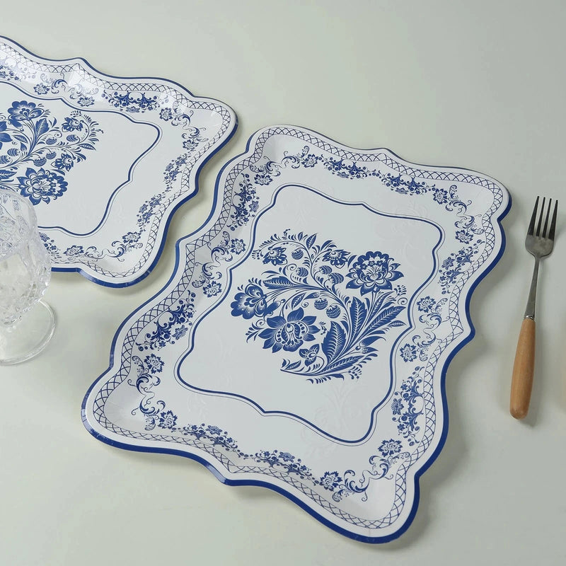 10 Rectangle 14" Paper Serving Trays Damask Floral Pattern - White and Royal Blue DSP_PPTR_REC005_14_BLUE