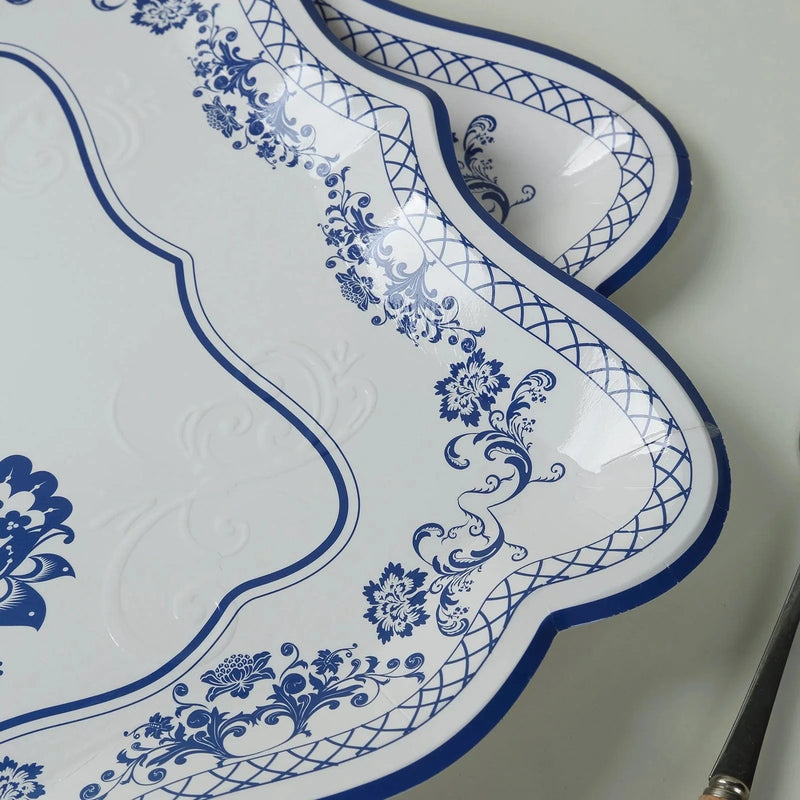 10 Rectangle 14" Paper Serving Trays Damask Floral Pattern - White and Royal Blue DSP_PPTR_REC005_14_BLUE
