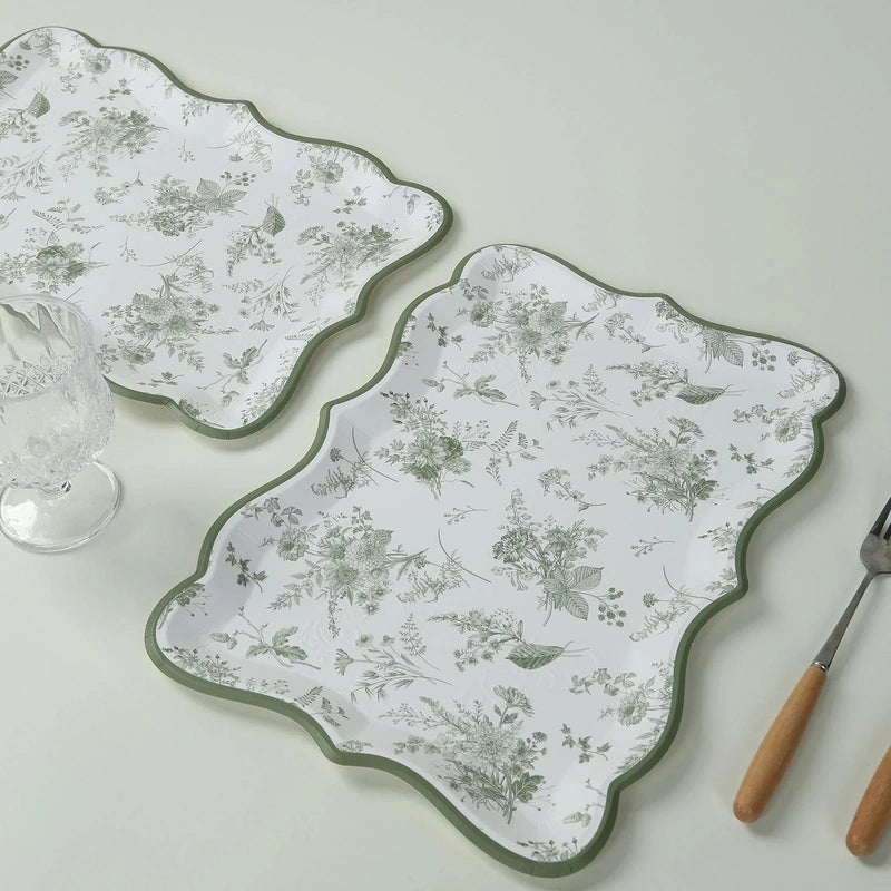 10 Rectangle 14" Paper Serving Trays French Toile Pattern - White and Sage Green DSP_PPTR_REC005_14_SAGE
