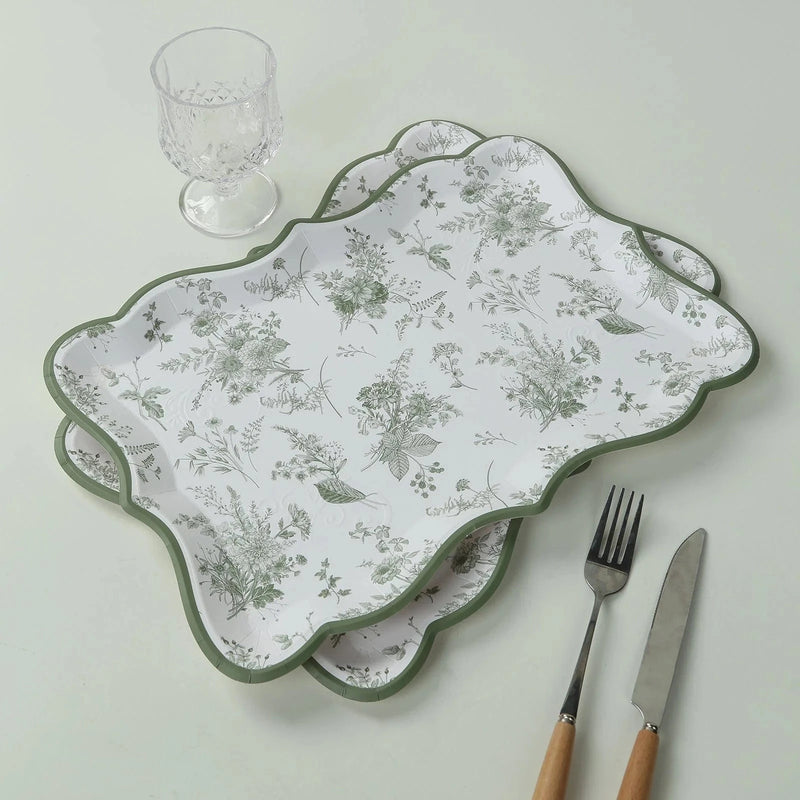 10 Rectangle 14" Paper Serving Trays French Toile Pattern - White and Sage Green DSP_PPTR_REC005_14_SAGE
