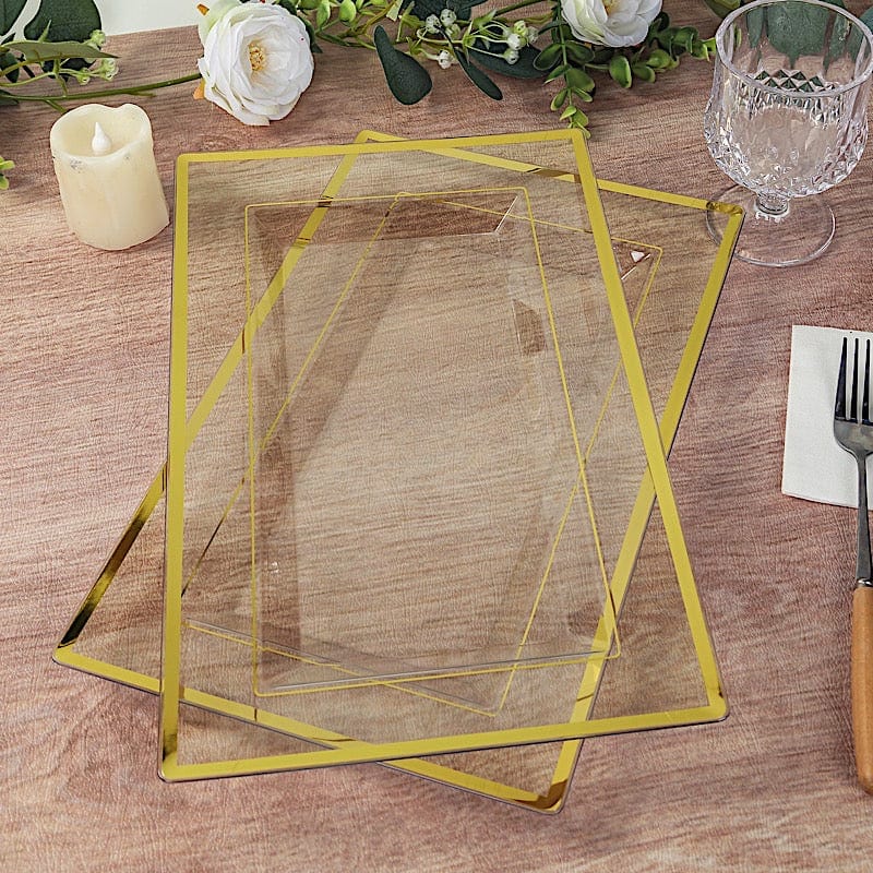 10 Rectangular Plastic Serving Trays with Gold Rim - Clear DSP_TR0016_13_CLGD