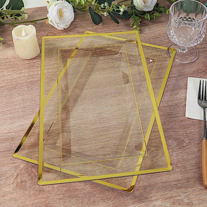 10 Rectangular Plastic Serving Trays with Gold Rim - Clear DSP_TR0016_13_CLGD