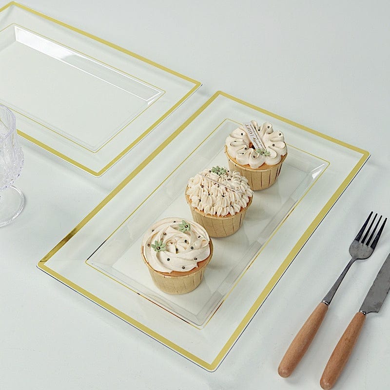 10 Rectangular Plastic Serving Trays with Gold Rim - Clear DSP_TR0016_13_CLGD