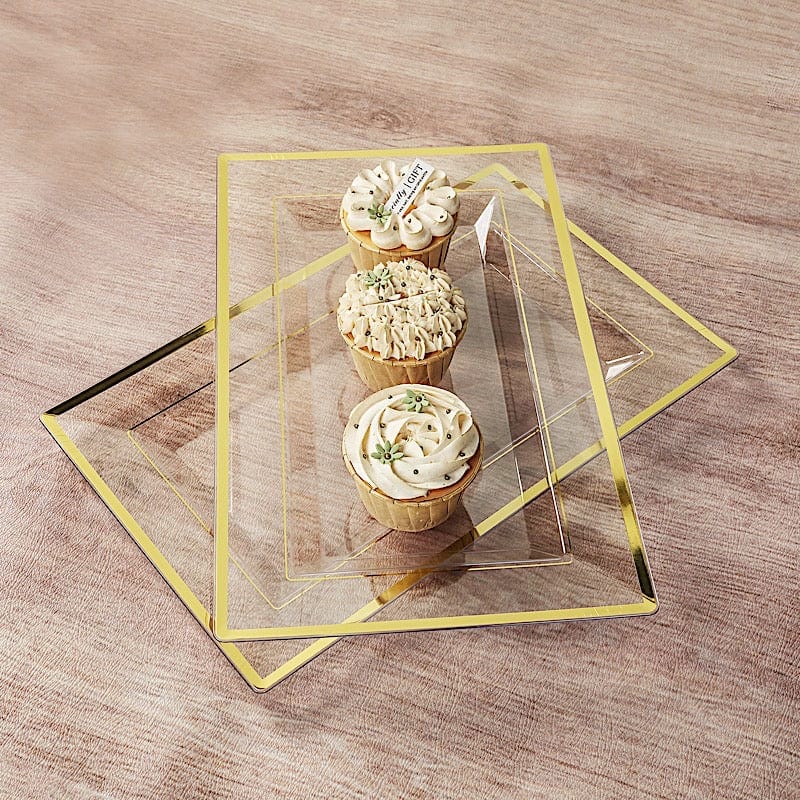 10 Rectangular Plastic Serving Trays with Gold Rim - Clear DSP_TR0016_13_CLGD