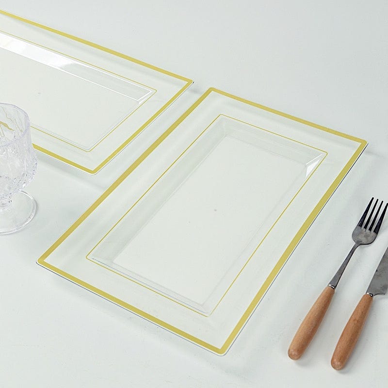 10 Rectangular Plastic Serving Trays with Gold Rim - Clear DSP_TR0016_13_CLGD