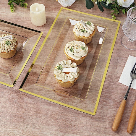 10 Rectangular Plastic Serving Trays with Gold Rim - Clear DSP_TR0016_13_CLGD