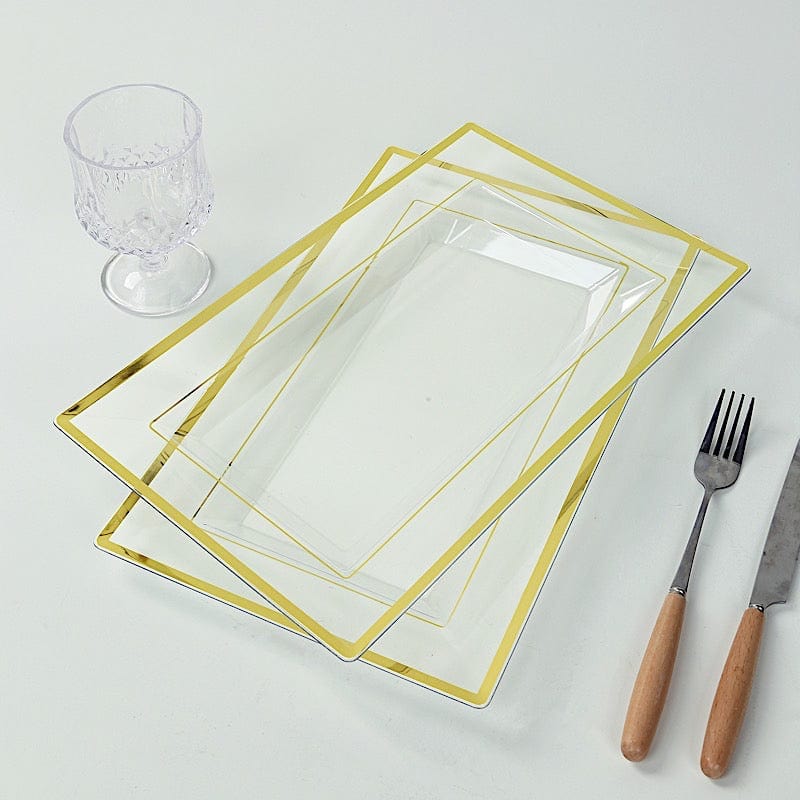 10 Rectangular Plastic Serving Trays with Gold Rim - Clear DSP_TR0016_13_CLGD