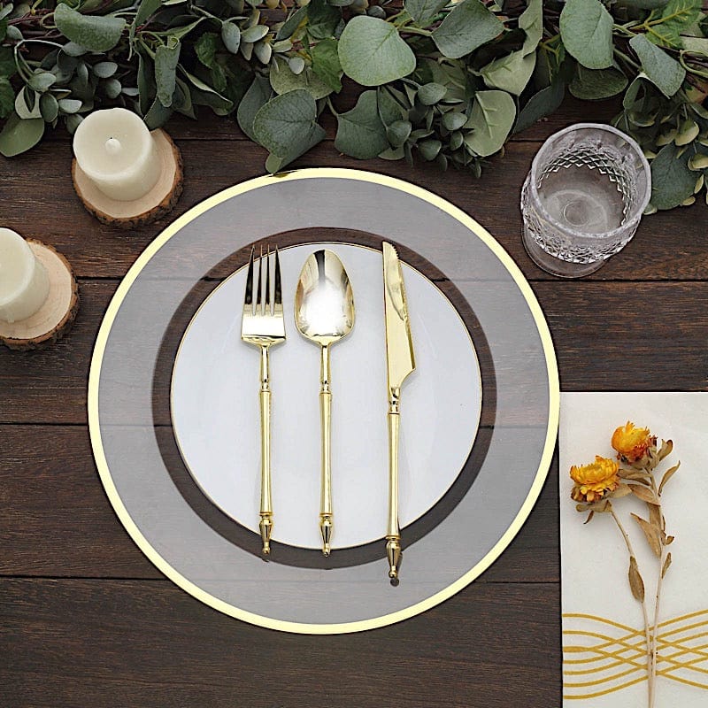 10 Round 12" Heavy Duty Plastic Charger Plates with Metallic Rim - Clear