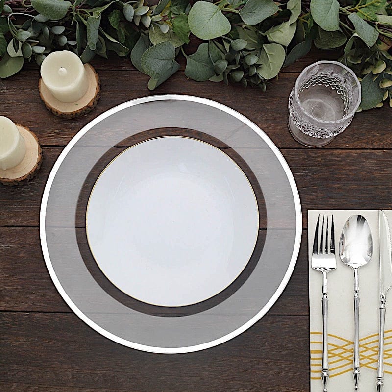 10 Round 12" Heavy Duty Plastic Charger Plates with Metallic Rim - Clear