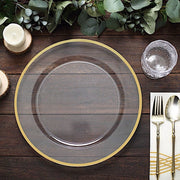 10 Round 12" Heavy Duty Plastic Charger Plates with Metallic Rim - Clear