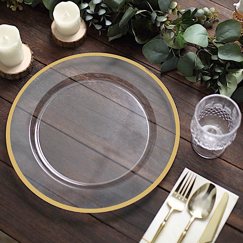 10 Round 12" Heavy Duty Plastic Charger Plates with Metallic Rim - Clear