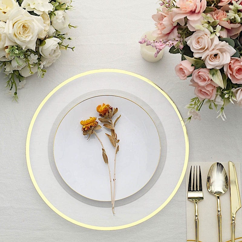 10 Round 12" Heavy Duty Plastic Charger Plates with Metallic Rim - Clear