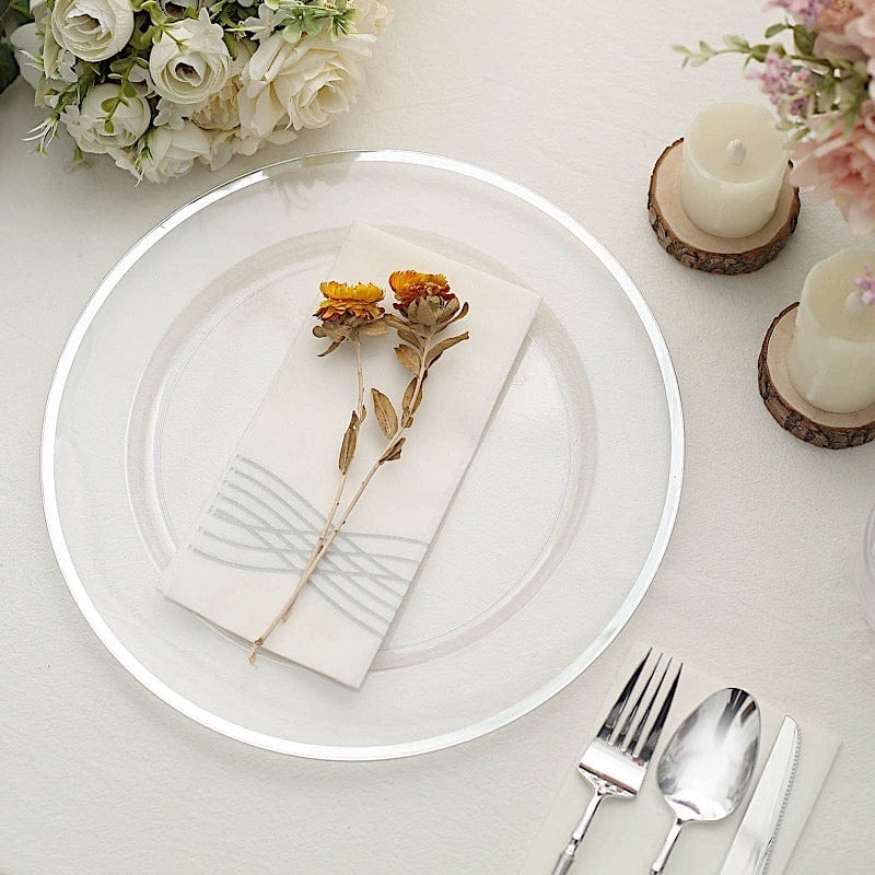 10 Round 12" Heavy Duty Plastic Charger Plates with Metallic Rim - Clear