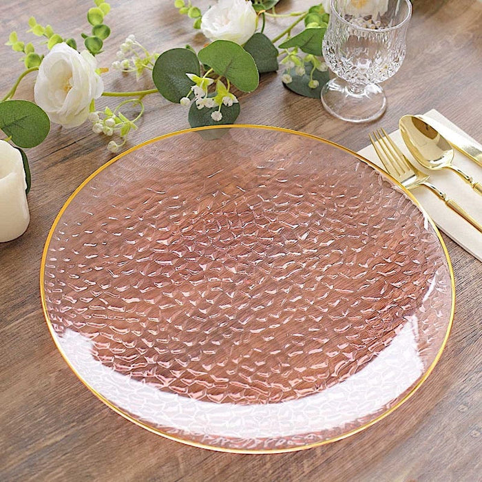 6 Round 13" Hammered Plastic Charger Plates with Rim - Blush with Gold CHRG_PLST0028_T046GD