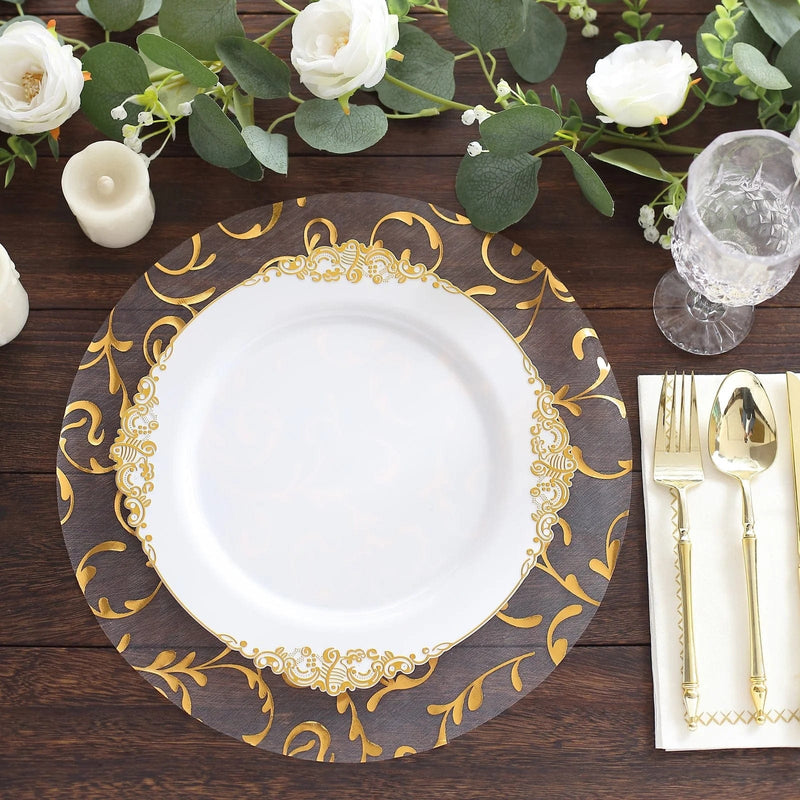 10 Round 13" Metallic Sheer Organza Placemats with Embossed Foil Flower Design