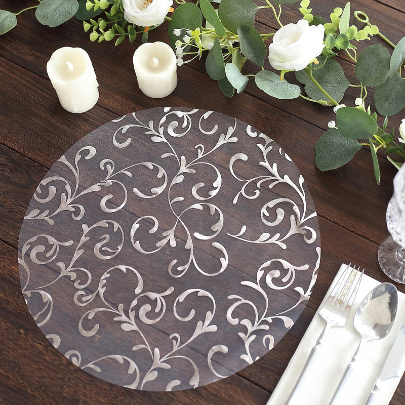 10 Round 13" Metallic Sheer Organza Placemats with Embossed Foil Flower Design