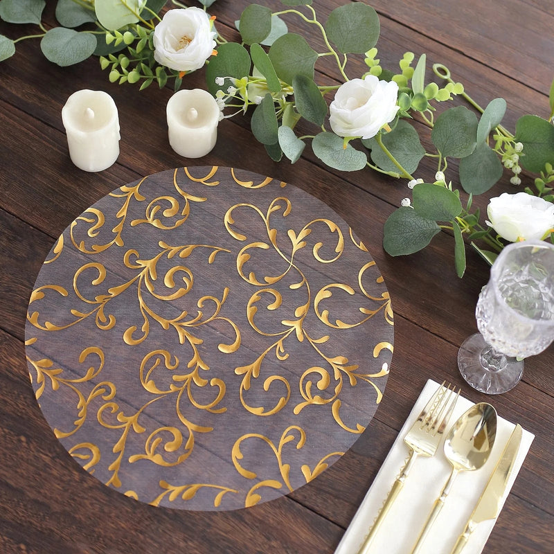 10 Round 13" Metallic Sheer Organza Placemats with Embossed Foil Flower Design