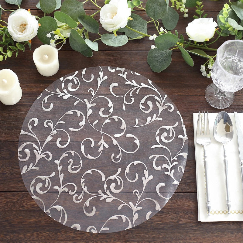 10 Round 13" Metallic Sheer Organza Placemats with Embossed Foil Flower Design