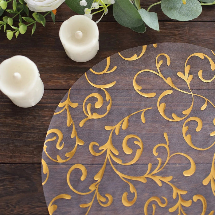 10 Round 13" Metallic Sheer Organza Placemats with Embossed Foil Flower Design