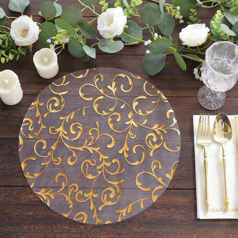 10 Round 13" Metallic Sheer Organza Placemats with Embossed Foil Flower Design