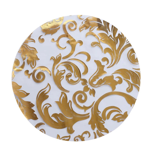 10 Round 13" Metallic Sheer Organza Placemats with Swirl Foil Floral Design PLMAT_MET07_GOLD