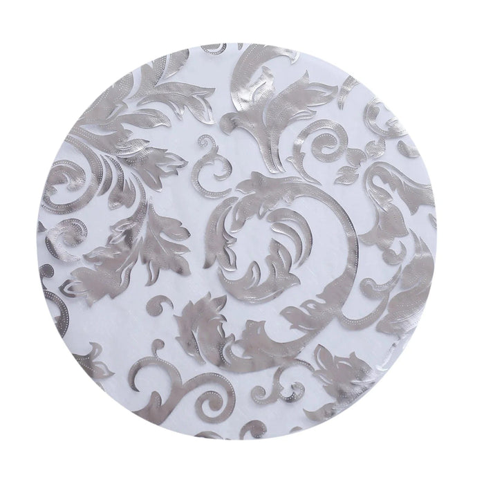 10 Round 13" Metallic Sheer Organza Placemats with Swirl Foil Floral Design PLMAT_MET07_SILV