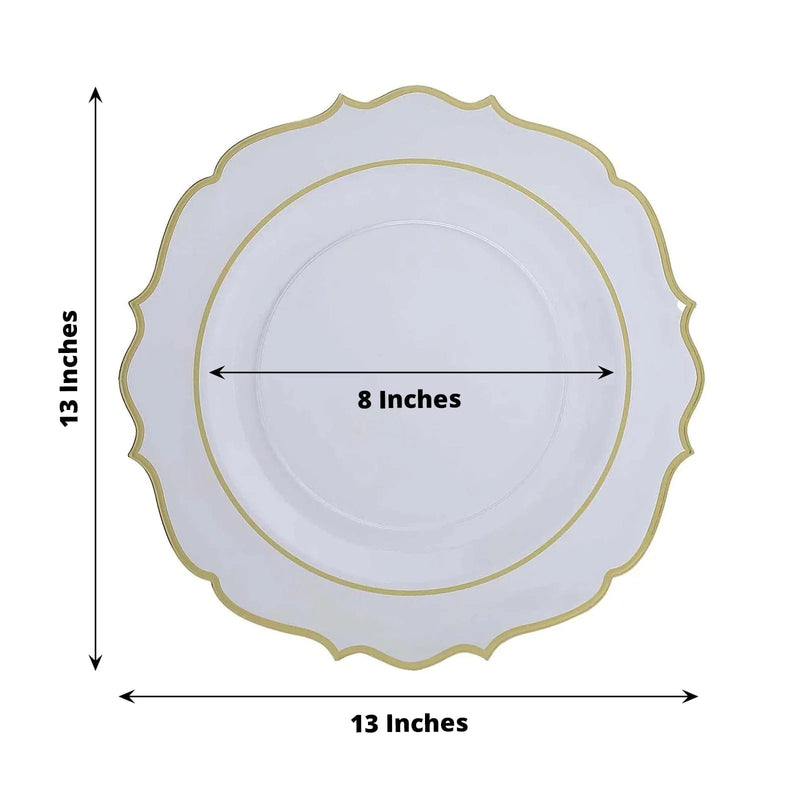 10 Round 13" Plastic Charger Plates with Scalloped Rim - Clear and Gold CHRG_PLSTLW0011_CLGD