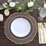 10 Round 13" Plastic Charger Plates with Scalloped Rim - Clear and Gold CHRG_PLSTLW0011_CLGD