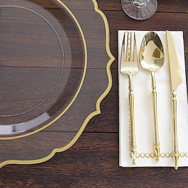 10 Round 13" Plastic Charger Plates with Scalloped Rim - Clear and Gold CHRG_PLSTLW0011_CLGD