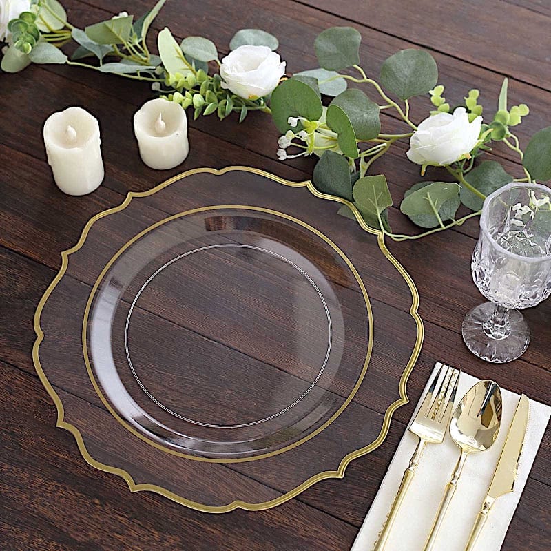 10 Round 13" Plastic Charger Plates with Scalloped Rim - Clear and Gold CHRG_PLSTLW0011_CLGD