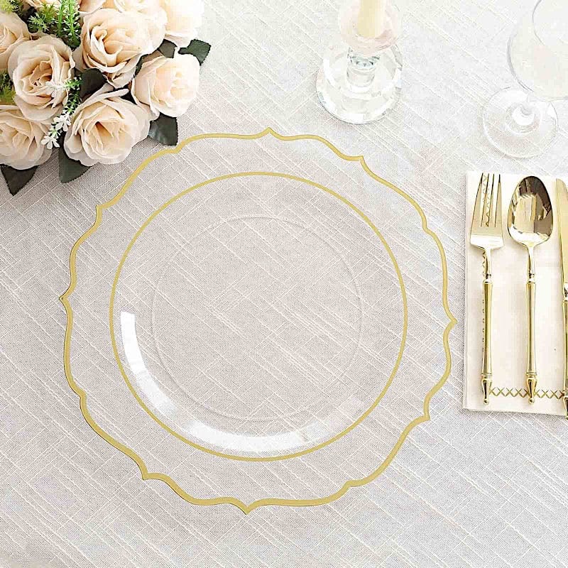 10 Round 13" Plastic Charger Plates with Scalloped Rim - Clear and Gold CHRG_PLSTLW0011_CLGD