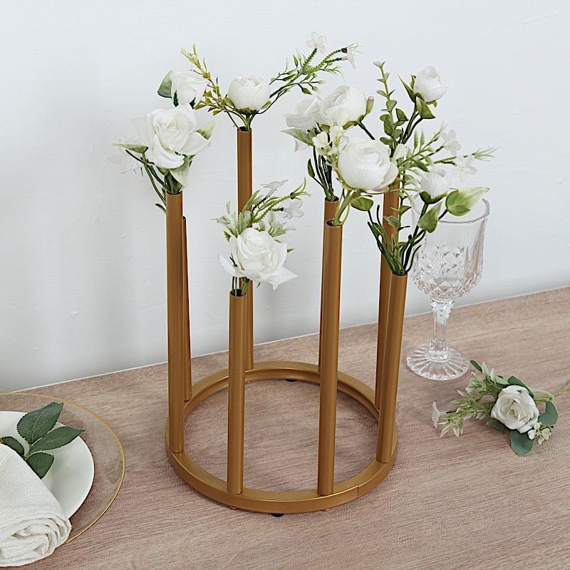 10" Round 8-Tubes Minimalist Base Design Flower Vase Centerpiece - Gold IRON_VASE_013_RND_10_GOLD