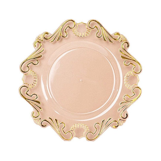 10 Round Clear with Gold Baroque Plastic Salad Dinner Plates - Disposable Tableware