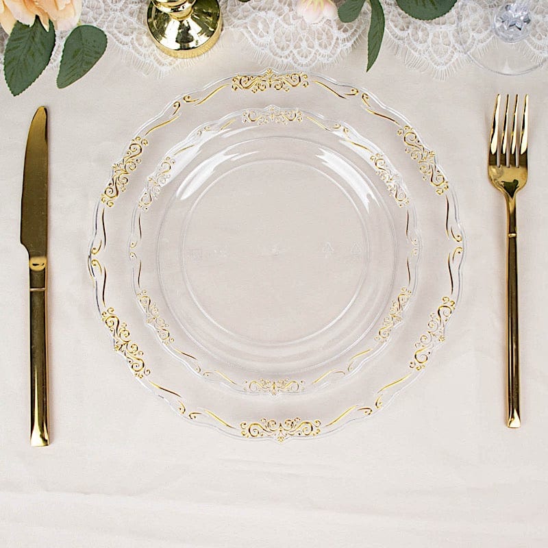 10 Round Plastic Salad and Dinner Plates with Embossed Scalloped Rim - Disposable Tableware