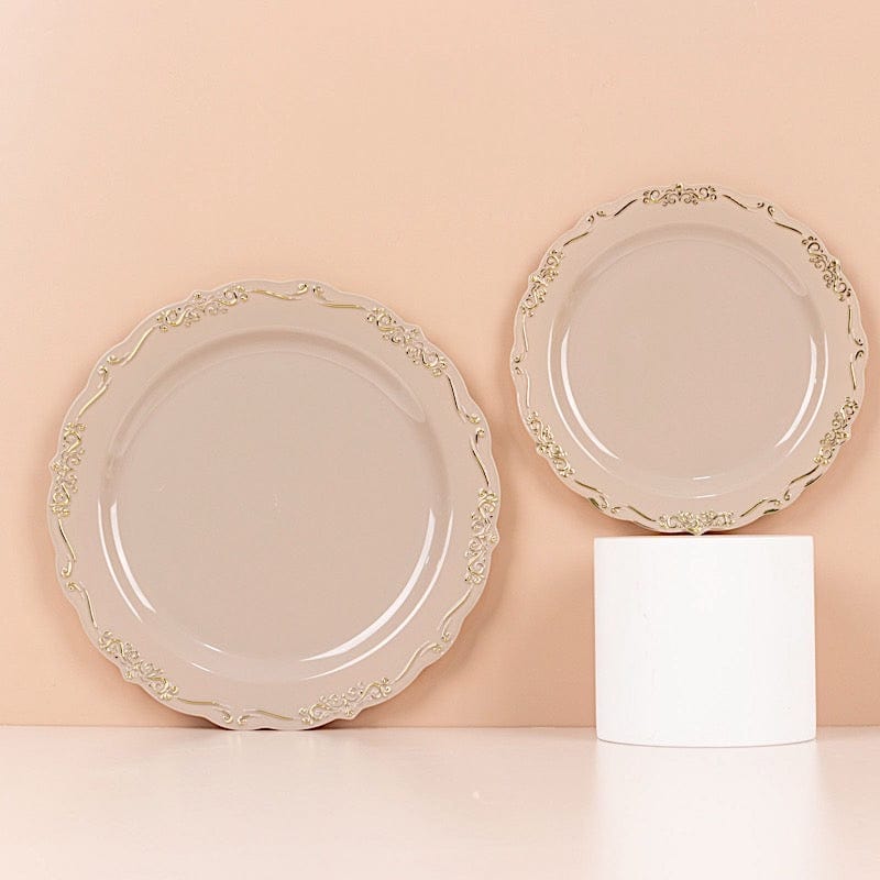 10 Round Plastic Salad and Dinner Plates with Embossed Scalloped Rim - Disposable Tableware