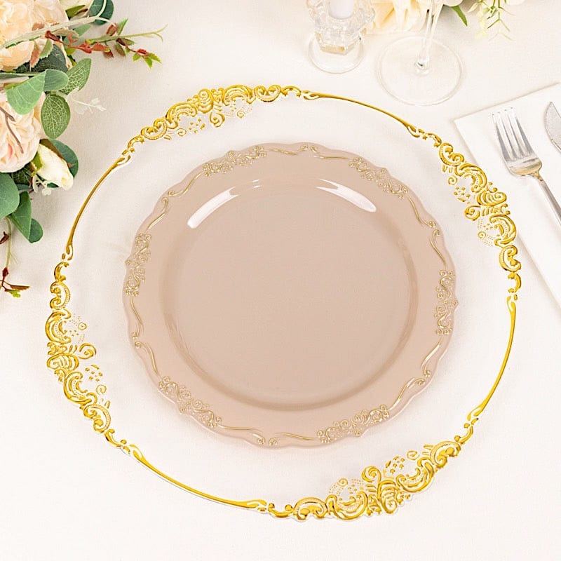 10 Round Plastic Salad and Dinner Plates with Embossed Scalloped Rim - Disposable Tableware