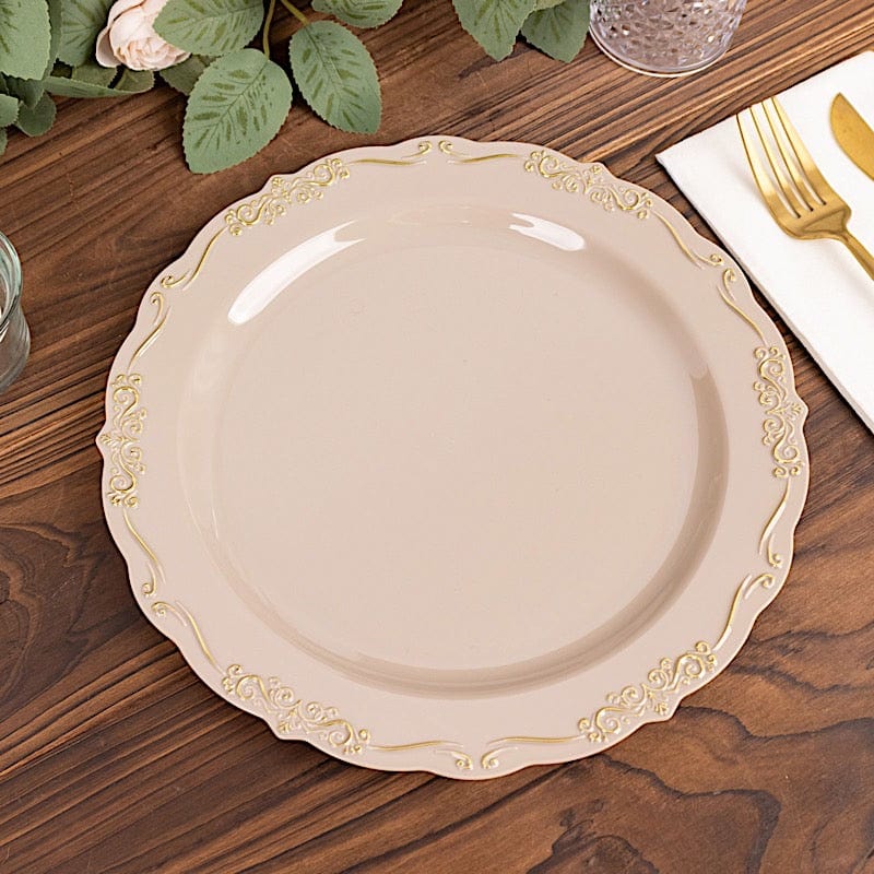 10 Round Plastic Salad and Dinner Plates with Embossed Scalloped Rim - Disposable Tableware