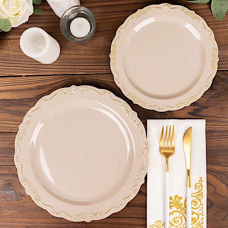 10 Round Plastic Salad and Dinner Plates with Embossed Scalloped Rim - Disposable Tableware