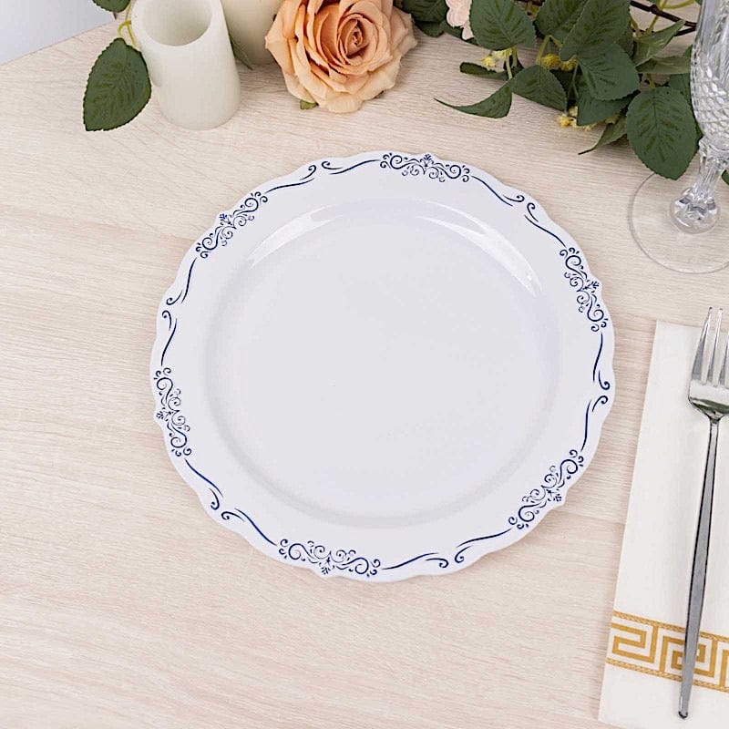 10 Round Plastic Salad and Dinner Plates with Embossed Scalloped Rim - Disposable Tableware