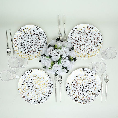 10 Round Plastic Salad Dessert Plates with Gold Leaf Design - White