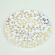 10 Round Plastic Salad Dessert Plates with Gold Leaf Design - White