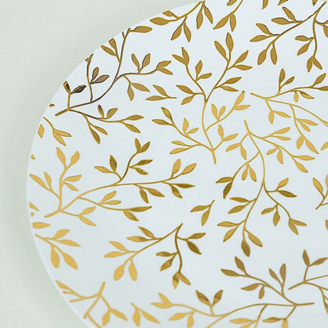 10 Round Plastic Salad Dessert Plates with Gold Leaf Design - White