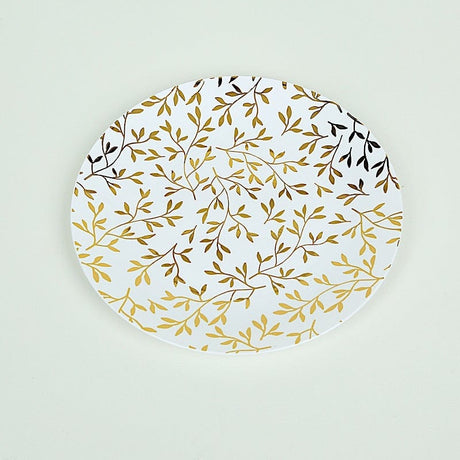 10 Round Plastic Salad Dessert Plates with Gold Leaf Design - White