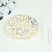 10 Round Plastic Salad Dessert Plates with Gold Leaf Design - White