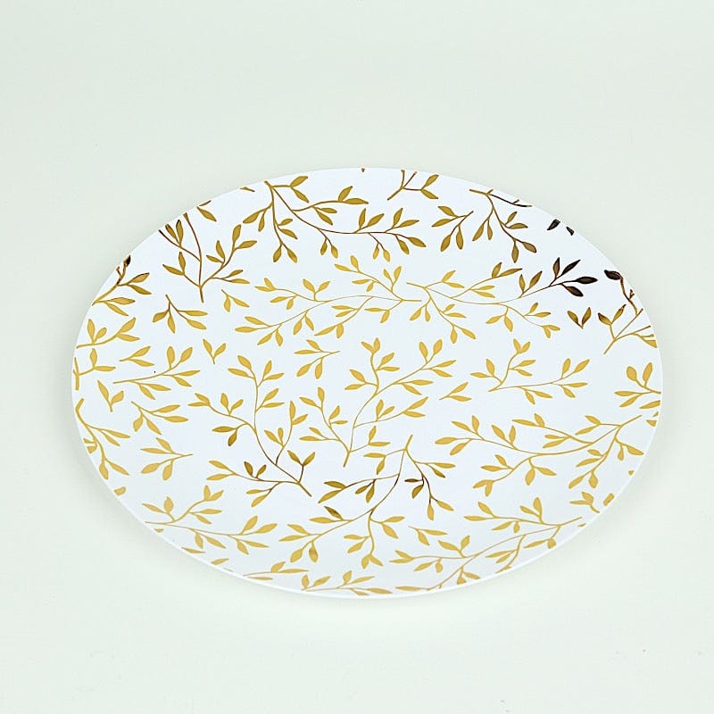 10 Round Plastic Salad Dessert Plates with Gold Leaf Design - White DSP_PLR0035_10_WHGD