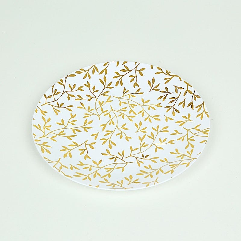 10 Round Plastic Salad Dessert Plates with Gold Leaf Design - White DSP_PLR0035_8_WHGD