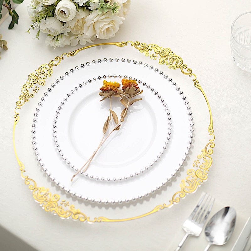 10 Round Plastic Salad Dinner Plates with Beaded Rim - Disposable Tableware