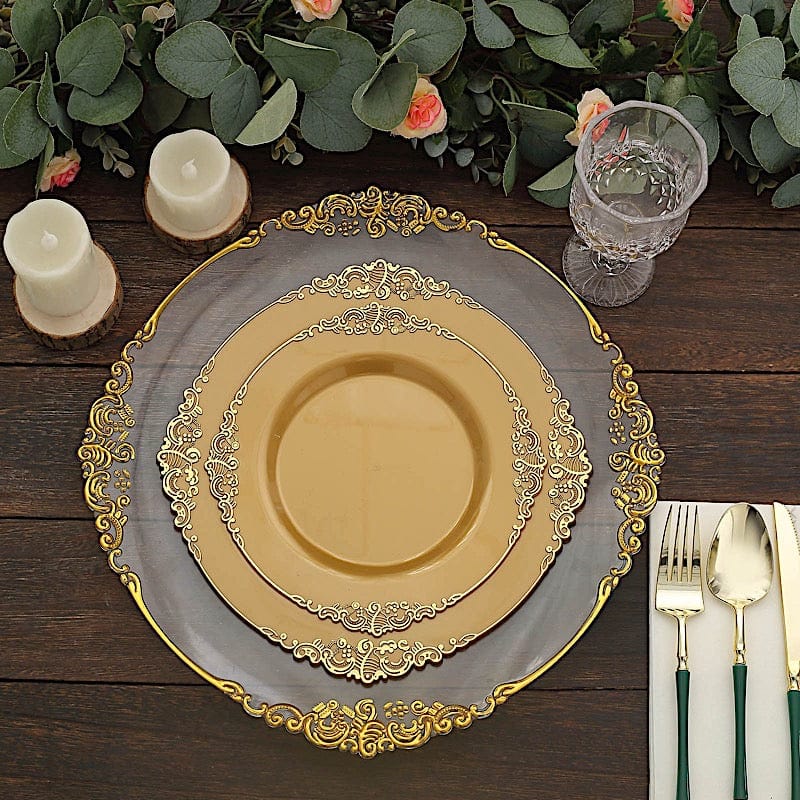 10 Round Plastic Salad Dinner Plates with Embossed Baroque Rim - Disposable Tableware