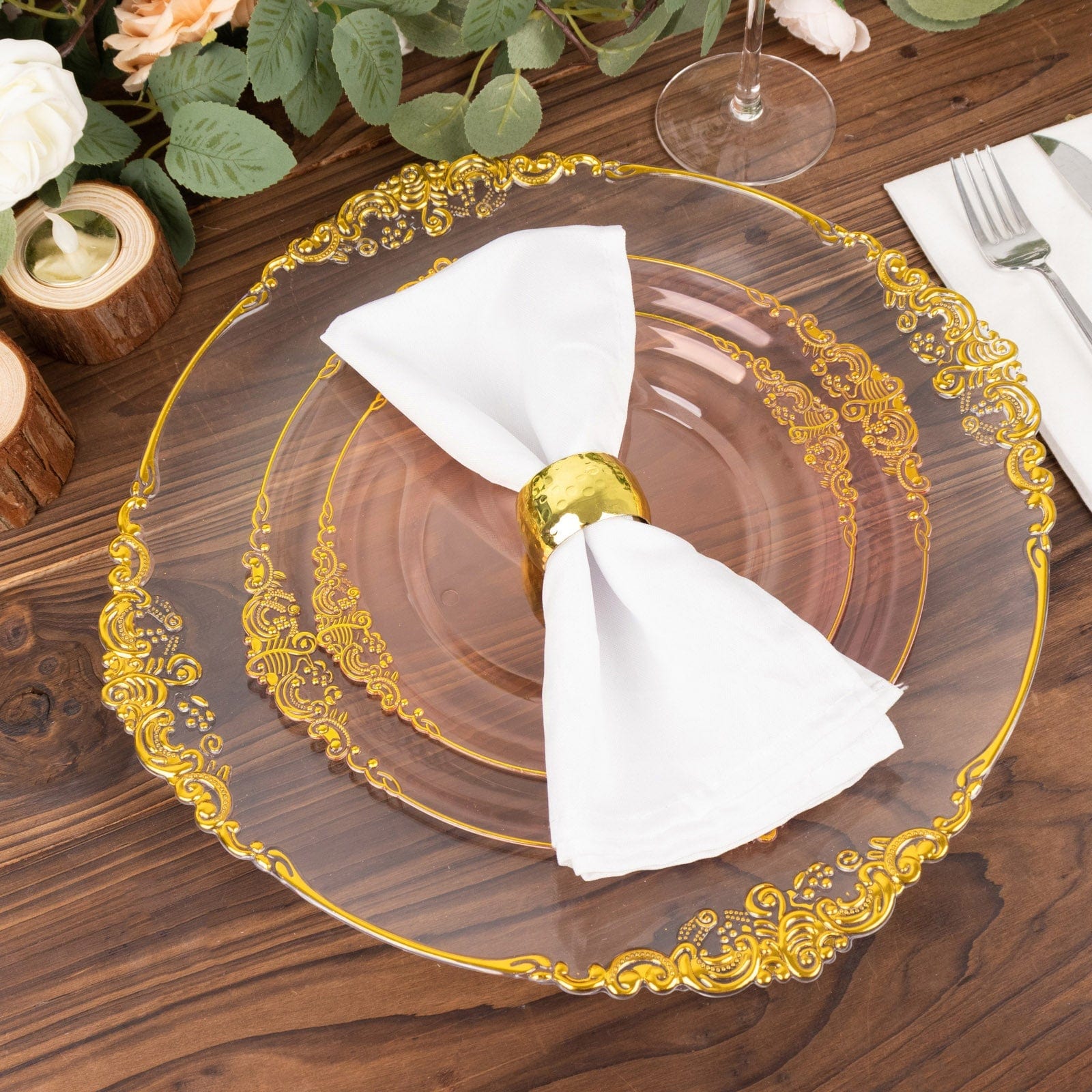 10 Round Plastic Salad Dinner Plates with Embossed Baroque Rim - Disposable Tableware